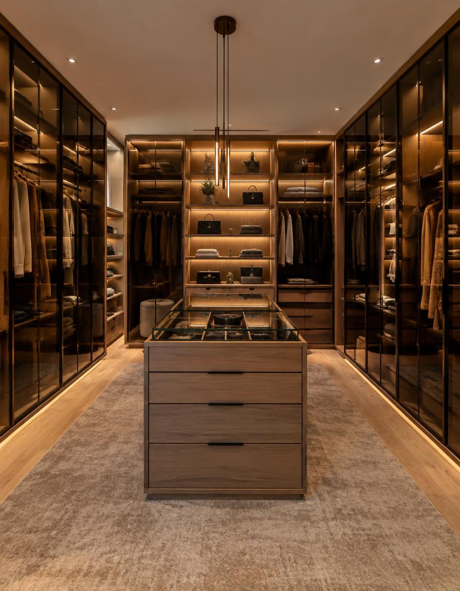Closet sob medida com portas de vidro fumê e iluminação em LED