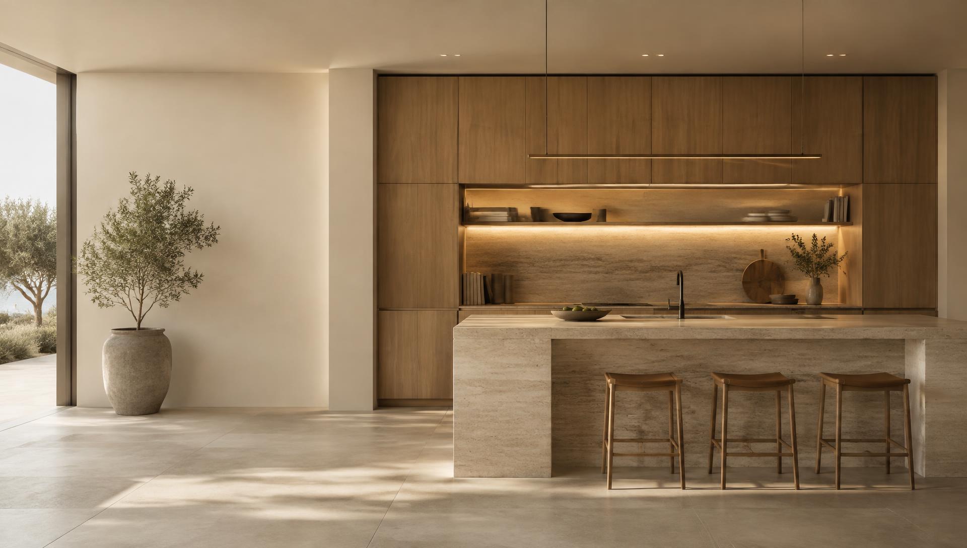 Cozinha planejada contemporânea com marcenaria em madeira natural e ilha em travertino